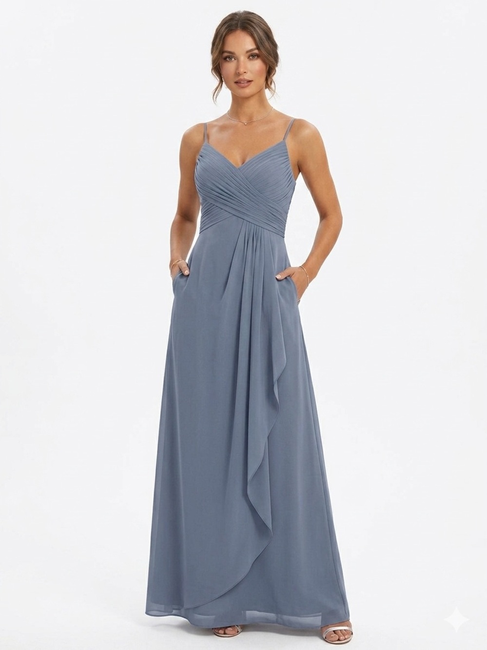 Weddington Way Dusty Blue Chiffon Spaghetti Strap Maxi Dress